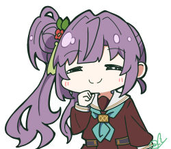 1girl absurdres aqua_neckerchief brown_dress c: clenched_hand closed_mouth commentary dress facing_viewer flower hair_bun hair_flower hair_ornament hand_on_own_chin hasu_no_sora_school_uniform highres link!_like!_love_live! lone_nape_hair long_hair long_sleeves love_live! neckerchief oofushi_ao otomune_kozue pleated_dress purple_hair red_flower sailor_collar sailor_dress school_uniform side_ponytail sidelocks signature simple_background single_side_bun smile solo split_mouth tassel tassel_hair_ornament upper_body virtual_youtuber white_background white_sailor_collar winter_uniform