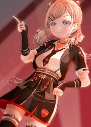 1girl belt black_jacket black_necktie blue_eyes breasts ceras_yanagida_lilienfeld closed_mouth collared_shirt commentary cone_hair_bun cowboy_shot double_bun grey_hair hair_bun hair_ornament highres himizusan i_do_me!_(love_live!) index_finger_raised jacket large_breasts link!_like!_love_live! looking_at_viewer love_live! low_twintails miniskirt multiple_thigh_straps necktie o-ring o-ring_thigh_strap official_alternate_costume open_clothes open_jacket pleated_skirt shirt short-sleeved_jacket short_sleeves skirt smile solo split_mouth studded_belt thigh_strap twintails underbust virtual_youtuber white_shirt x_hair_ornament