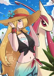 1girl backsine blonde_hair blue_sarong blush bracelet brown_hat closed_mouth cloud commentary crop_top cynthia_(pokemon) cynthia_(summer_2025)_(pokemon) day eyelashes flower gen_3_pokemon grey_eyes hair_over_one_eye hands_up hat hat_flower highres jewelry long_hair midriff milotic navel nintendo official_alternate_color official_alternate_costume outdoors pokemon pokemon_(creature) pokemon_masters_ex sarong shirt sky smile tied_shirt watermark yellow_shirt