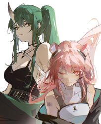 2girls absurdres arknights armor barcode barcode_tattoo bare_arms bare_shoulders belt black_camisole breastplate breasts camisole chinese_commentary cleavage commentary covered_collarbone demon_horns earpiece eyeliner floating_hair gravel_(arknights) green_eyes green_hair high_ponytail highres horns hoshiguma_(arknights) kingdom_of_kazimierz_logo looking_at_viewer makeup medium_breasts multiple_girls off_shoulder one_eye_closed pink_eyes pink_hair ponytail red_eyeliner shirt shoulder_tattoo sia_di_gou simple_background single_horn sleeveless sleeveless_shirt smile spaghetti_strap string_choker studded_belt tattoo triangle_necklace white_background white_undershirt