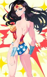 1girl animification armlet ass atomicmrshmallw bare_shoulders black_hair blue_eyes breasts circlet dc_comics earrings highres jewelry large_breasts lasso_of_truth leotard lips long_hair looking_at_viewer muscular muscular_female smile solo star_(symbol) star_earrings wonder_woman wonder_woman_(series)