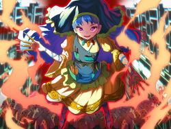 1girl apron blue_hair dress green_apron green_headscarf haniwa_(statue) haniyasushin_keiki headscarf jewelry long_hair looking_at_viewer magatama magatama_necklace necklace pink_eyes syope touhou wood_carving_tool yellow_dress