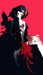 Rule 34 | 1girl, absurdres, black coat, black hair, closed mouth, coat, dress, feather dress, feather hair ornament, feathers, feet out of frame, hair ornament, hairband, hand up, highres, jewelry, light176, looking at viewer, necklace, red background, red dress, red eyes, red feathers, reverse:1999, schneider (reverse:1999), short dress, short hair, silhouette, single off shoulder, sitting, sleeveless, sleeveless dress, smile, solo, white hairband