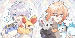 Rule 34 | !, 2boys, absurdres, antenna hair, black jacket, blonde hair, blue eyes, braid, brown jacket, chinese commentary, cinccino, collared shirt, commentary request, facial tattoo, fennekin, gen 3 pokemon, gen 4 pokemon, gen 5 pokemon, gen 6 pokemon, glasses, gradient hair, grey sweater, hair between eyes, highres, holding, holding pokemon, honkai: star rail, honkai (series), jacket, male focus, medium hair, multicolored hair, multiple boys, mydei (honkai: star rail), nintendo, on shoulder, one eye closed, open clothes, open jacket, pachirisu, phainon (honkai: star rail), pokemon, pokemon (creature), pokemon on shoulder, puff of air, red hair, red tattoo, ruiz-tutu, sample watermark, shirt, short hair, side braid, spheal, spoken exclamation mark, sweatdrop, sweater, tattoo, turtleneck, turtleneck sweater, upper body, watermark, white hair, white shirt, yellow eyes