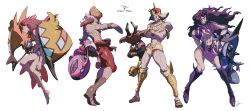 4boys abs barefoot battle_tendency boots brown_footwear closed_eyes crossed_arms crossover domu_(hamadura) esidisi facial_mark fundoshi gen_7_pokemon grin hat highres horns japanese_clothes jojo_no_kimyou_na_bouken kars_(jojo) legendary_pokemon loincloth long_hair male_focus male_underwear multiple_boys muscular nail_(hardware) navel nintendo pelvic_curtain pokemon pokemon_(creature) purple_eyes purple_hair red_hair sandals santana_(jojo) shin_guards shoulder_pads signature smile tapu_bulu tapu_fini tapu_koko tapu_lele underwear wamuu white_hair white_male_underwear wrist_cuffs