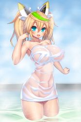 1girl absurdres alternate_costume aqua_eyes armpits arms_at_sides asamura_hiori bathroom blonde_hair blue_eyes bow breasts collarbone convenient_censoring covered_navel female_focus gene_(pso2) green_hair hair_between_eyes hair_bow hair_ornament headgear highres huge_breasts indoors long_hair long_twintails looking_at_viewer multicolored_hair navel nude open_mouth phantasy_star phantasy_star_online_2 see-through_clothes shirt solo standing steam streaked_hair towel twintails two-tone_hair wading water wet wet_clothes wet_shirt
