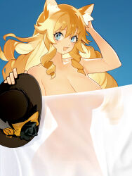 1girl animal_ears bed_sheet black_hat blonde_hair blue_background blue_eyes blush breasts cat_ears distr drill_hair drill_sidelocks genshin_impact hand_up hat highres holding holding_unworn_clothes holding_unworn_hat large_breasts looking_at_viewer naked_sheet navia_(genshin_impact) patreon_username revision see-through_silhouette sidelocks simple_background solo twin_drills unworn_hat unworn_headwear