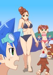 2girls 3boys absurdres akie_(saru_getchu) armpits arms_behind_head beach bikini blue_bikini blue_hair blush breasts brown_hair cleavage feet green_eyes hair_ribbon highres hikaru_(saru_getchu) kakeru_(saru_getchu) large_breasts legs monkey multiple_boys multiple_girls navel ocean open_mouth pink_bikini pipo_monkey pointy_hair red_hair ribbon saru_getchu satoru_(saru_getchu) sayaka_(saru_getchu) shorts smile sony sunglasses sweatdrop swimsuit thighs twintails water