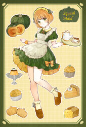 1girl apron bread commentary cookie cuffs cupcake food frilled_apron frills green_eyes holding holding_tray maid maid_apron maid_headdress orange_hair original pastry pie pie_slice pudding pumpkin pumpkin_pie tententuyu tray white_apron