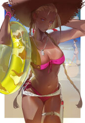 2girls absurdres beach bikini blonde_hair blue_nails bracelet braid breasts cammy_white character_request cleavage commentary_request cowboy_shot dog_tags hat highres jewelry lfpwrk0vlocrzl4 looking_at_viewer multiple_girls necklace official_alternate_costume pink_bikini straw_hat street_fighter street_fighter_6 swimsuit tan twin_braids