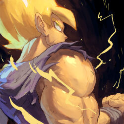 Rule 34 | 1boy, aura, black background, blonde hair, blue shirt, clenched hand, dragon ball, dragonball z, garrett hanna, green eyes, looking back, male focus, muscular, muscular male, shirt, solo, son goku, super saiyan, super saiyan 1, torn clothes, torn shirt