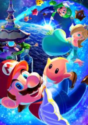1girl 2boys animal blonde_hair blue_eyes brown_hair comet_observatory creature dress earth_(planet) floating hat hungry_luma_(super_mario_galaxy) long_hair luigi luma luma_(mario) mario mario_(series) multiple_boys nintendo one_eye_covered overalls planet polari_(super_mario_galaxy) rosalina smile space star_(sky) sun super_mario_galaxy wand yuuma_rimi