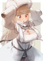 1girl breasts brown_eyes capelet cleavage coat conte_di_cavour_(kancolle) conte_di_cavour_nuovo_(kancolle) cowboy_shot dress fur_hat grey_hair grey_skirt hat kantai_collection kirov_(cosplay)_(kancolle) kirov_(kancolle) large_breasts long_hair pleated_skirt skirt solo toka_(marchlizard) twitter_username white_background white_capelet white_coat white_dress