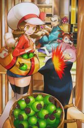 1boy 2girls :d apricorn bag barefoot basket blue_overalls brown_hair commentary_request creatures_(company) flipped_hair game_freak gen_1_pokemon gen_2_pokemon hand_up hat highres holding holding_strap kurt_(pokemon) love_ball lyra_(pokemon) maizie_(pokemon) multiple_girls nintendo open_mouth orange_mikan overalls poke_ball pokemon pokemon_(creature) pokemon_hgss quilava shirt slowpoke smile thighhighs twintails white_hat white_thighhighs yellow_bag