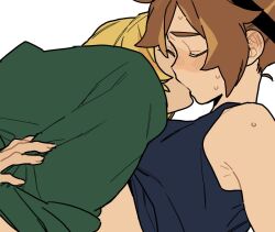 2girls archived_source black_shirt blonde_hair blush brown_hair closed_eyes clothes_lift clothes_pull cookie_run cookie_run:_ovenbreak croissant_cookie dayama green_pants hand_on_another&#039;s_ass humanization kiss multiple_girls pants pants_pull selfcest shirt shirt_lift simple_background sleeveless sleeveless_shirt sweat timekeeper_cookie white_background yuri