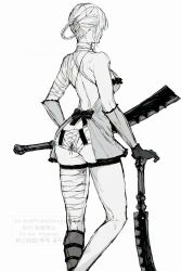 1girl ass back bandaged_arm bandaged_leg bandaged_neck bandages braid braided_hair_rings breasts butt_crack commentary_request dual_wielding feet_out_of_frame greyscale hair_rings highres holding holding_sword holding_weapon kaine_(nier) large_breasts lingerie median_furrow monochrome negligee nier nier_(series) nishiii26miii simple_background solo standing sword underwear watermark weapon white_background