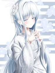 1girl blue_archive blush closed_mouth flower hair_flower hair_ornament highres japanese_clothes kimono kuinanoda long_hair looking_at_viewer nagusa_(blue_archive) obi parted_bangs sash sidelocks smile solo steepled_fingers white_eyes white_flower white_hair white_kimono white_sash