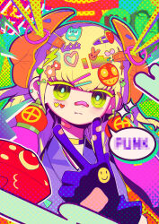 1girl :t absurdres blonde_hair censored censored_text duel_monster earrings gloves green_eyes hair_ornament headgear heart_sticker highres inward_w japanese_clothes jewelry kimono looking_at_viewer medium_hair mosaic_censoring neon_palette noh-p.u.n.k._ze_amin purple_kimono ro_g_(oowack) solo ultraviolet_light w yu-gi-oh!