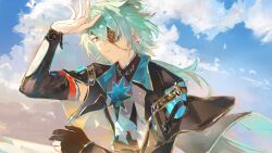 1boy absurdres anaxa_(honkai:_star_rail) aqua_coat aqua_eyes aqua_hair ascot black_capelet black_pants blue_sky blue_vest brooch capelet chinese_commentary coat commentary_request covering_face gloves gold_trim hair_between_eyes hair_intakes hair_over_one_eye hair_over_shoulder hand_tattoo hand_up highres honkai:_star_rail honkai_(series) jewelry light_particles long_hair long_sleeves looking_at_viewer low_ponytail male_focus multicolored_eyes multiple_rings pants partially_fingerless_gloves ponytail purple_eyes red_tattoo ring shirt sideways_glance single_glove sky sleeveless sleeveless_shirt solo tattoo two-tone_eyes upper_body vest whisper_(suisuibingtang) white_ascot white_shirt window