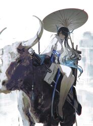Rule 34 | 1girl, absurdres, arknights, black shoes, bull, dragon girl, dragon horns, dusk (arknights), highres, holding, holding umbrella, horns, japanese clothes, kimono, orange eyes, pointy ears, shoes, sitting, sitting on animal, solo, sorrowny, umbrella, white kimono