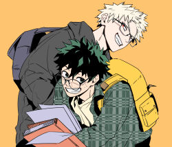 2boys backpack bag bakugou_katsuki black-framed_eyewear black_hoodie blonde_hair boku_no_hero_academia book crew_neck freckles glasses green_hair green_shirt grin hair_between_eyes highres holding holding_book holding_paper hood hood_down hoodie ina_2es looking_to_the_side male_focus midoriya_izuku multiple_boys orange_background paper patterned_clothing red_eyes shirt short_hair sideways_glance simple_background smile spiked_hair teeth upper_body white_shirt