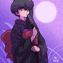 1girl :o black_hair fan japanese_clothes kimono kunou_kodachi ranma_1/2 side_ponytail solo wanta_(futoshi)