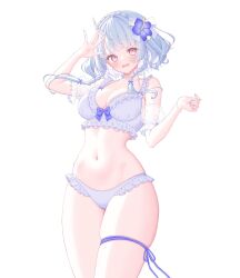 Rule 34 | 1girl, arm up, bare shoulders, blue background, blue flower, blush, bow, bow bra, bra, braid, breasts, busou kanojo, cleavage, collarbone, commentary request, crown braid, detached sleeves, embarrassed, flower, frilled bra, frilled panties, frills, frown, grey bra, grey hair, grey panties, hair bow, hair flower, hair ornament, highres, horns, long hair, looking at viewer, medium breasts, navel, nenemaru (busou kanojo), official art, open mouth, panties, puffy short sleeves, puffy sleeves, red eyes, sakura shiho, second-party source, see-through clothes, see-through sleeves, short sleeves, signature, simple background, single horn, skindentation, solo, twin braids, underwear, variant set, virtual youtuber, white flower