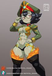 Rule 34 | 1girl, :&lt;, abs, absurdres, adjusting eyewear, black hair, black panties, black thighhighs, blue nails, breasts, feet out of frame, fire, glasses, gradient background, grey background, hand on own hip, hat, highres, medium breasts, muscular, muscular female, navel, newt (xenoblade), panties, patreon username, peaked cap, red eyes, sephyra draws, short hair, solo, subscribestar username, thighhighs, underwear, xenoblade chronicles (series), xenoblade chronicles 2