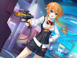 Rule 34 | 1girl, alternate costume, arcade, arcade cabinet, belt, black shorts, black vest, blue eyes, bow, bowtie, braid, breasts, chain, collared shirt, date a live, date a live: spirit pledge, drill hair, game cg, gun, hair between eyes, indoors, light gun, long hair, long sleeves, looking at viewer, low drills, medium breasts, official art, open mouth, orange hair, puffy long sleeves, puffy sleeves, red belt, red bow, red bowtie, shirt, shorts, sidelocks, smile, solo, third-party source, v-shaped eyebrows, vest, weapon, yamai kaguya