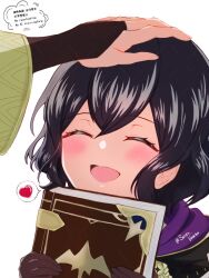1girl 1other adversarial_noise black_hair book bridal_gauntlets closed_eyes coat female_morgan_(fire_emblem) fire_emblem fire_emblem_awakening fire_emblem_heroes hair_between_eyes hand_on_another&#039;s_head happy headpat heart holding holding_book light_blush nintendo open_mouth purple_coat seven_blacktea short_hair sidelocks simple_background single_bridal_gauntlet smile spoken_heart twitter upper_body white_background wide_sleeves