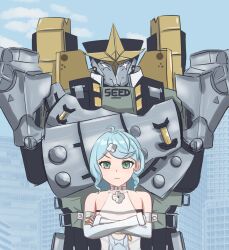 Rule 34 | blue hair, city, dress, green eyes, highres, holding hands, mecha, robot, seed (zenless zone zero), seed sr., shakeringo, short hair, zenless zone zero, zzz