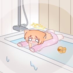 1girl absurdres animal_ear_fluff animal_ears barefoot bathtub blue_archive blunt_bangs blush chibi halo highres horuhara indoors long_hair long_sleeves mari_(blue_archive) motion_lines no_nose open_mouth orange_hair outstretched_arms pajamas pink_pajamas polka_dot polka_dot_pajamas rubber_duck solo trembling water wavy_eyes yellow_halo