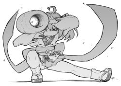 1girl ahoge closed_mouth food-themed_weapon frown full_body glaring greyscale hands_up headgear japanese_clothes kimono kiritanpo_(food) long_sleeves looking_at_viewer medium_hair miniskirt monochrome obi obiage obijime outstretched_leg panties panty_peek pleated_skirt sash short_kimono shoulder_cannon simple_background skirt solo squatting touhoku_kiritan underwear voiceroid wide_sleeves yunji