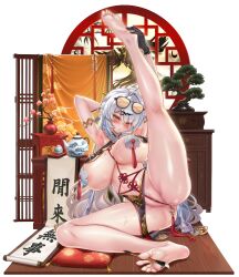 Rule 34 | 1girl, absurdres, ahoge, anal, anal object insertion, areola slip, arm behind head, armpits, arms up, ass, barefoot, black gloves, bonsai, breasts, butt plug, calligraphy brush, calligraphy scroll, china dress, chinese clothes, cleavage, cushion, dress, eyewear on head, female pubic hair, gloves, grey hair, hair ornament, hairclip, highres, huge breasts, jagoo, long hair, looking at viewer, mole, mole on breast, nipple tassels, object insertion, paintbrush, pasties, pelvic curtain, pubic hair, sex toy, shiny skin, soles, solo, spread legs, sunglasses, teapot, thighs, toes, very long hair, yellow eyes, yixuan (zenless zone zero), zenless zone zero