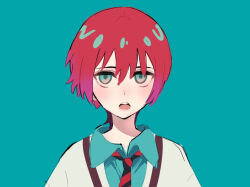 1girl amate_yuzuriha blue_background blue_eyes blue_shirt collared_shirt commentary_request diagonal-striped_clothes diagonal-striped_necktie gundam gundam_gquuuuuux hair_between_eyes jacket looking_at_viewer necktie open_mouth red_hair shirt simple_background solo striped_clothes tsurara_eeri upper_body white_jacket