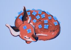 animal animal_focus blue_background blue_flower blue_theme brown_fur closed_eyes closed_mouth commentary curled_up deer ears_up english_commentary fawn flower full_body highres hydrangea lying meyoco no_humans original pastel_colors simple_background sleeping sleeping_animal