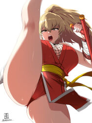 1girl angry blonde_hair breasts fishnet_bra from_above genryuusai_maki highres leg_up long_hair ninja okyou side_slit street_fighter street_fighter_zero_(series) tonfa weapon yellow_eyes