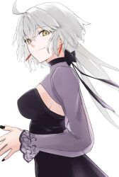 Rule 34 | 1girl, absurdres, ahoge, black dress, breasts, dress, fate/grand order, fate (series), grey hair, hekituki8250, highres, jeanne d&#039;arc alter (fate), jeanne d&#039;arc alter (over the same sky) (fate), large breasts, long hair, long sleeves, looking at viewer, purple dress, purple shrug, purple sleeves, smile, solo, very long hair, yellow eyes
