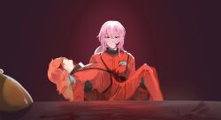 bleeding blood blood_from_forehead blood_on_clothes blood_on_face breasts carrying earrings highres hololive hololive_english ichika_lucifer injury jewelry large_breasts long_hair long_sleeves looking_at_viewer lucesamaaa mori_calliope multicolored_hair multiple_girls pink_hair princess_carry red_background takanashi_kiara virtual_youtuber yuri
