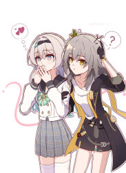 Rule 34 | + +, 2girls, ?, absurdres, black gloves, black jacket, black sailor collar, black skirt, blush, bow, bowtie, closed mouth, collared shirt, firefly (honkai: star rail), firefly (spring missive) (honkai: star rail), gloves, gradient hair, green bow, green bowtie, grey hair, grey skirt, hair between eyes, hair intakes, hand on another&#039;s arm, hands on own face, heart, highres, honkai: star rail, honkai (series), jacket, kuroi taimu, miniskirt, multicolored eyes, multicolored hair, multiple girls, open clothes, open jacket, open mouth, own hands together, plant hair, pleated skirt, sailor collar, shirt, simple background, skirt, smile, speech bubble, stelle (honkai: star rail), thigh strap, thighhighs, thought bubble, trailblazer (honkai: star rail), two-tone eyes, white background, white shirt, white thighhighs, yellow eyes