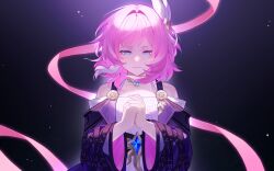 1girl absurdres bare_shoulders black_background blue_eyes chinese_commentary commentary_request cyrene_(honkai:_star_rail) dress hair_intakes hair_ornament highres honkai:_star_rail honkai_(series) jewelry long_sleeves mei_fan_chi_bei_e_sile necklace off-shoulder_dress off_shoulder own_hands_together pink_hair short_hair solo upper_body