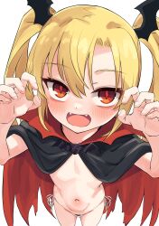1girl belly blonde_hair cloak fangs gao highres loli looking_at_viewer momendoufu mon-musu_quest! naked_cloak open_mouth red_eyes solo stomach twintails vanilla_(mon-musu_quest!)
