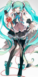 1girl adapted_costume ankle_ribbon aqua_hair argyle_clothes argyle_cutout bad_id bad_pixiv_id bare_arms black_boots black_choker black_skirt blue_eyes blue_ribbon boots bow cable choker clothing_cutout collared_shirt contrapposto dot_nose floral_bow frilled_choker frilled_shirt_collar frilled_thighhighs frills full_body glint gradient_background grey_background hair_ribbon hand_on_own_chest happy hatsune_miku jewelry knee_cutout knees_together_feet_apart layered_skirt leg_ribbon long_hair looking_at_viewer microphone microphone_stand neck_ribbon number_tattoo open_mouth outstretched_hand red_bow red_ribbon ribbon ribbon_legwear ring shirt shoulder_tattoo simple_background skirt smile solo spike_(fluffyspiky) standing striped_bow striped_ribbon tareme tattoo teeth thigh_boots thighhighs twintails upper_teeth_only very_long_hair vest vocaloid waist_cape waistcoat white_background wrist_cuffs zettai_ryouiki