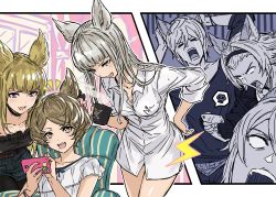 Rule 34 | &gt; &lt;, 3boys, 3girls, alternate costume, blank eyes, blonde hair, blue eyes, brown hair, cellphone, crying, cup, elsam (granblue fantasy), erune, granblue fantasy, indoors, korwa, long hair, lowain (granblue fantasy), metera (granblue fantasy), mole, multiple boys, multiple girls, nail polish, official art, pen, phone, purple eyes, shirt, short hair, silver hair, skull, smartphone, sparkling eyes, steam, sutera (granblue fantasy), tomoi (granblue fantasy)
