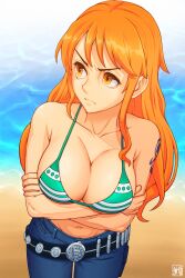 1girl arm_tattoo armpit_crease arms_under_breasts artist_logo beach belt bikini black_belt blue_pants breasts choppy_bangs cleavage closed_mouth collarbone commentary_request cowboy_shot crossed_arms day denim from_above green_bikini hair_over_shoulder highres jeans large_breasts logo long_hair long_sidelocks nami_(one_piece) navel no_shirt ocean one_piece orange_eyes orange_hair outdoors pants sand sidelocks skaggshood solo standing swimsuit tattoo v-shaped_eyebrows water