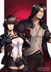 1boy 1girl artist_name beard_stubble bike_shorts black_coat black_gloves black_hair black_jacket breasts cleavage coat dante_(devil_may_cry) devil_may_cry_(series) devil_may_cry_5 facial_hair fingerless_gloves gloves goggles goggles_around_neck gzei heterochromia highres jacket lady_(devil_may_cry) midriff official_alternate_color scar scar_on_face scar_on_nose shirt stubble white_shirt