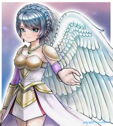 1girl angel angel_wings armor blue_eyes border braid breasts cleavage commentary_request cowboy_shot crown_braid detached_sleeves dragon_quest dragon_quest_x dress earrings euriza_(dq10) feathered_wings gem gold_armor gradient_background green_gemstone grey_hair highres jewelry looking_at_viewer looking_to_the_side medium_breasts moyapippi necklace pauldrons reaching reaching_towards_viewer short_hair shoulder_armor solo strapless strapless_dress teardrop_earrings white_border white_dress white_wings wings