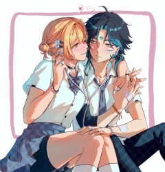 1boy 1girl ahoge alternate_costume bandaid bandaid_on_arm bandaid_on_face black_hair black_shorts blonde_hair blue_bow blue_bowtie blush bow bowtie cowboy_shot earrings genshin_impact green_hair hair_ornament hairpin heart highres holding_hands interlocked_fingers jewelry lumine_(genshin_impact) multicolored_hair peatchoune school_uniform shirt short_hair shorts simple_background sitting skirt sute-neko_russian_blue_(vocaloid) white_background white_shirt xiao_(genshin_impact) yellow_eyes