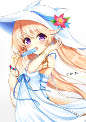 absurdres artist_name bare_shoulders blonde_hair blue_ribbon bracelet dress eating emn flower food from_side hat hat_flower highres iris_mysteria! jewelry ladis_(iris_mysteria!) long_hair looking_at_viewer open_mouth popsicle purple_eyes ribbon twintails white_dress white_hat
