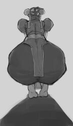 ass ass_focus bun_cover capcom china_dress chinese_clothes chun-li commentary double_bun dress english_commentary from_behind greyscale hair_bun huge_ass monochrome muted2k pantyhose pelvic_curtain solo squatting street_fighter